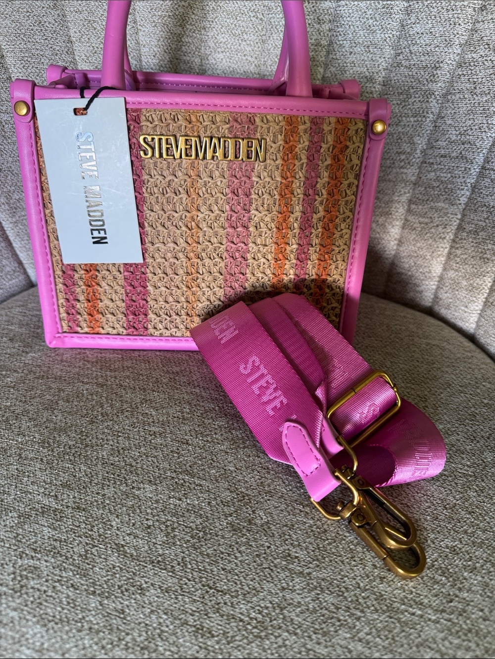 NWT Steve Madden Pink Straw-Panel Crossbody with Striped Accents